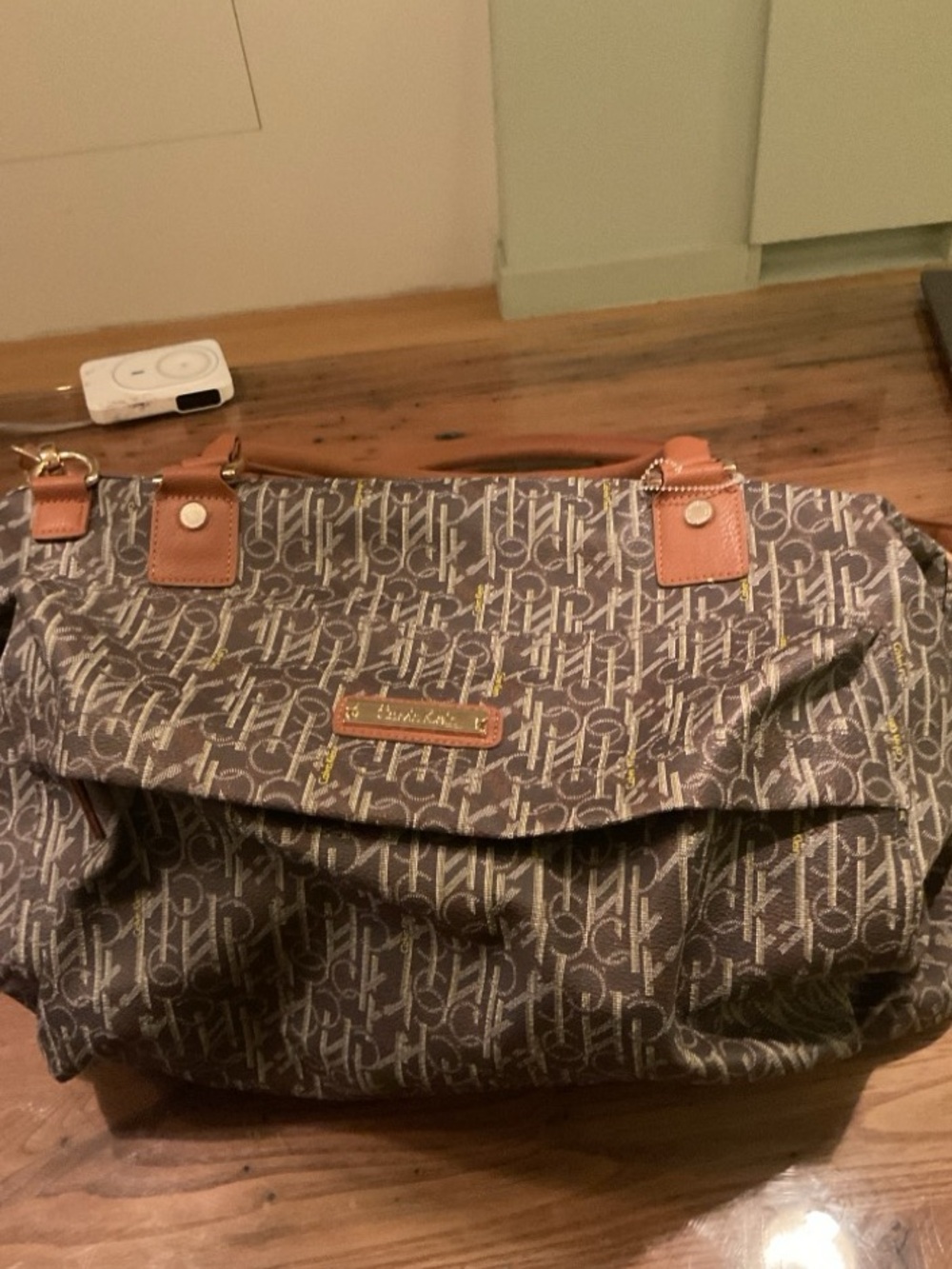 Calvin Klein Monogram Canvas Tote with Tan Leather Trim
